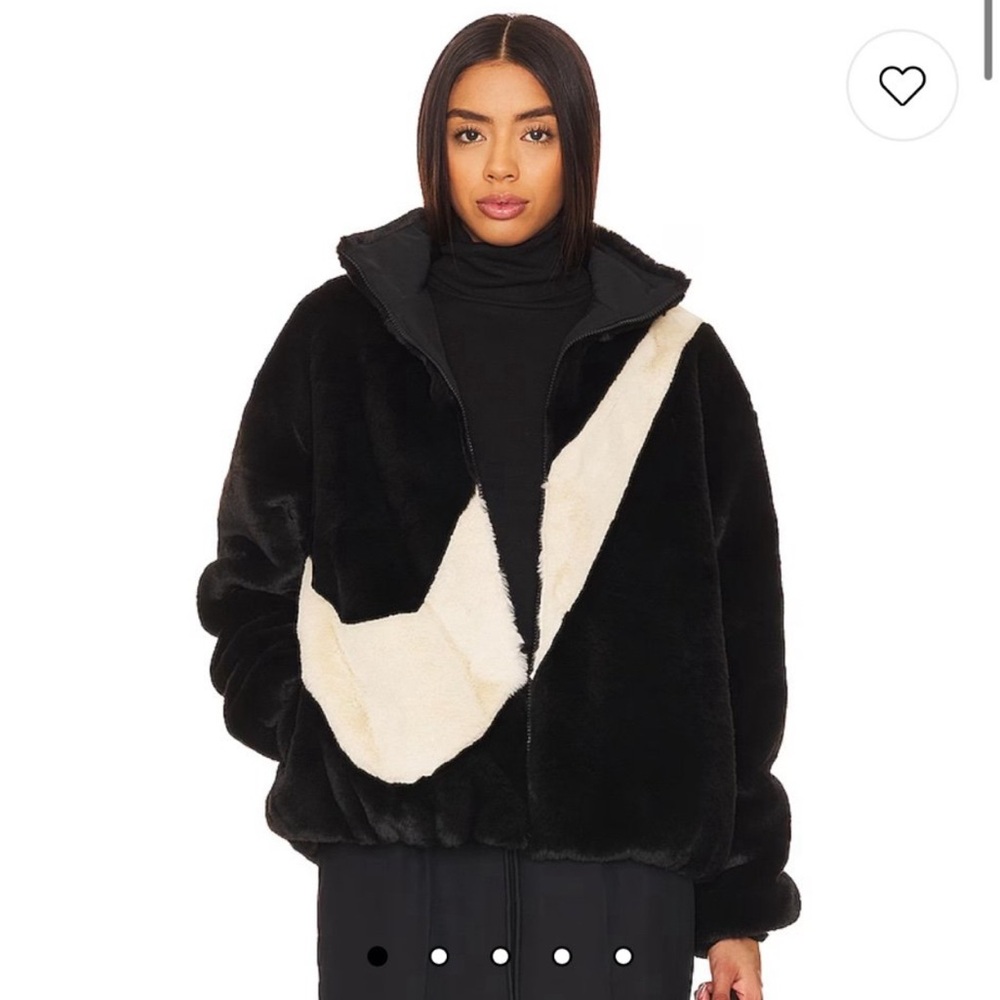 Nike Black and Cream Teddy Jacket with Oversized Swoosh